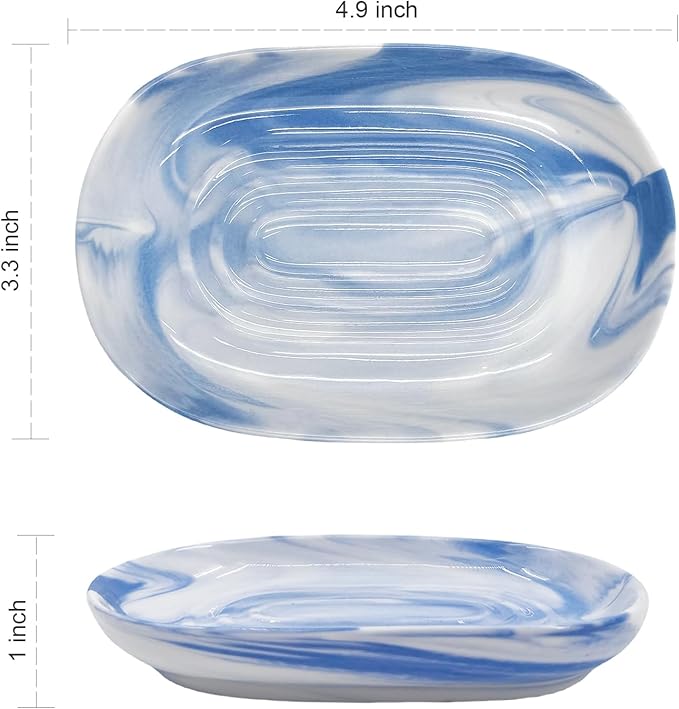 Ceramic Marble Pattern Soap Dish, Textured Raised Soap Saver Tray for Shower Bathroom Kitchen Sink Vanity, Easy to Clean Multi-Use Holder for Bar Soap Jewelry Rings Keys, Blue (1 Pack)