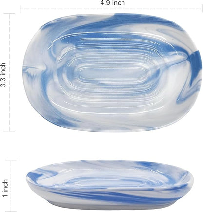 Ceramic Marble Pattern Soap Dish, Textured Raised Soap Saver Tray for Shower Bathroom Kitchen Sink Vanity, Easy to Clean Multi-Use Holder for Bar Soap Jewelry Rings Keys, Blue (1 Pack)