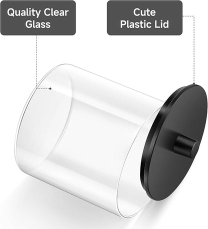 TIPGO Glass Qtip Holder Dispenser - 24 oz Clear Canister Jar, Bathroom Vanity Storage Organizer for Cotton Swabs, Pads, Floss Picks, Small Containers for Makeup Storage (Black)
