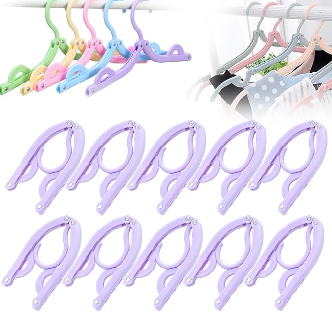 10PCS Multifunctional Plastic Folding Hanger, Retractable Portable Travel Hangers, Foldable Coat Hanger Folding Hangers for Traveling, Space Saving Clothes Hangers Portable Travel Hangers (Purple)