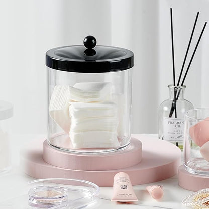 SheeChung 2-Pack Plastic Apothecary Jars with Black Metal Lids-Clear Acrylic Qtip Holder Set-Shatterproof Bathroom Vanity Organizer for Cotton Balls, Swabs, Pads-Modern Farmhouse Chic Decor