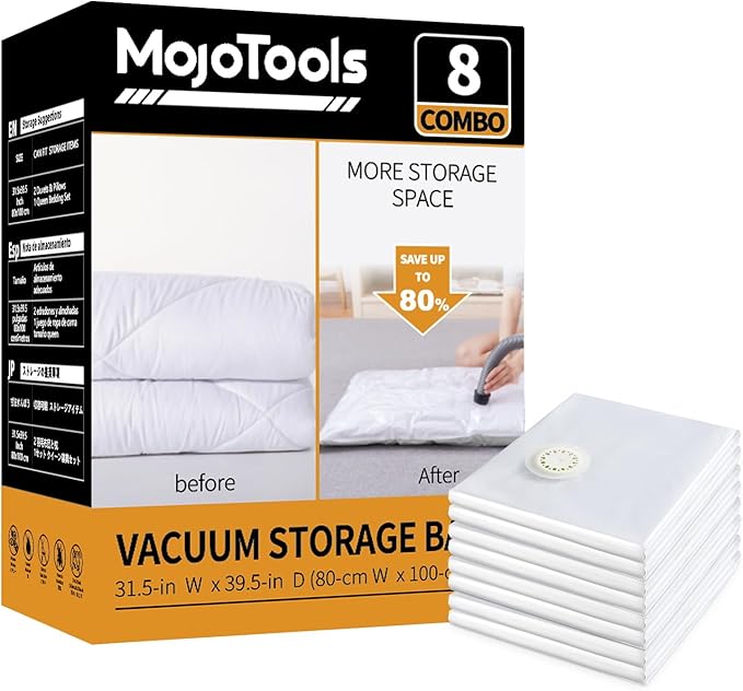 8 Extra Large Jumbo+ 25 Pack (5 Jumbo, 5 Large, 5 Medium,10 Roll Up Bags) Space Saver Bag