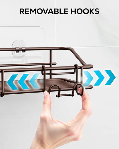 Nieifi Shower Caddy Shelf with Hooks Storage Rack Organizer Adhesive Stainless Steel without Drilling for Bathroom, Lavatory, Washroom, Restroom, Shower, Toilet, Kitchen (Brown, 3 Pack)