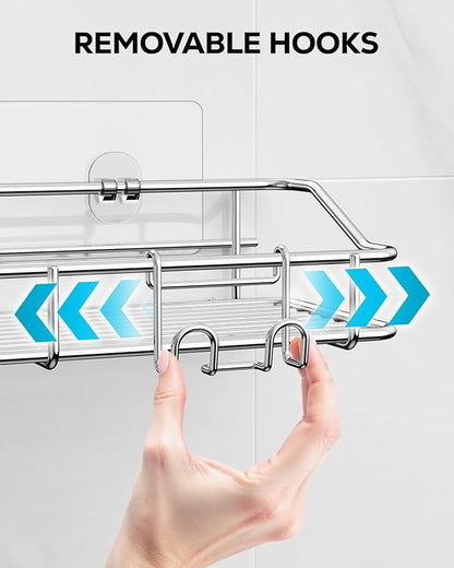 Nieifi Shower Caddy Shelf with Hooks Storage Rack Organizer Adhesive Stainless Steel without Drilling for Bathroom, Lavatory, Washroom, Restroom, Shower, Toilet, Kitchen (Sliver, 3 Pack)