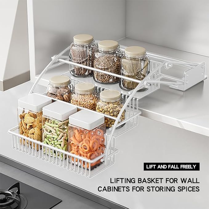 3-Tier Pull Down Spice Rack Organizer for Inside Cabinet Expandable Display Riser Shelf Seasoning Shelf (12.4IN/White)