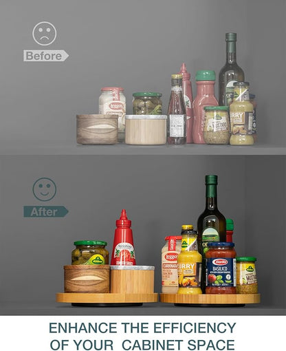 Bamboo Lazy Susan Turntable Organizer 10", Decor Your Kitchen with Elegant Engraved Patterns, Effortless Spinning with Big Roller, Ideal for Cabinet, Pantry, Countertop, and Table Organization