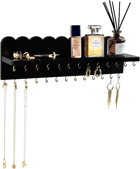 Wall Mount Jewelry Organizer with 26 Hooks and Cosmetics Shelf, Modern Wood Hanging Jewelry Holder for Necklaces, Bracelets, Earrings and Rings, Black