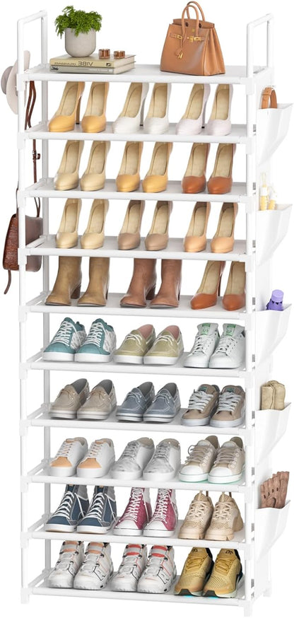 LUKYTOWER Tall Shoe Rack 10 Tier Shoe Racks Organizer for Closet 30-35Pairs,Large Capacity Storage Rack for Shoes with 5Hooks and Side Pocket,Sturdy Shoe Shelf, Vertical Shoe Stand Tower