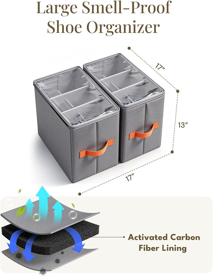 GLORIEROO Smell Proof Shoe Organizer for Closet - Adjustable Dividers & Clear Lid. Foldable Shoe Storage Box with Activated Carbon Lining for Gym Sneakers, Running Shoes & Boots