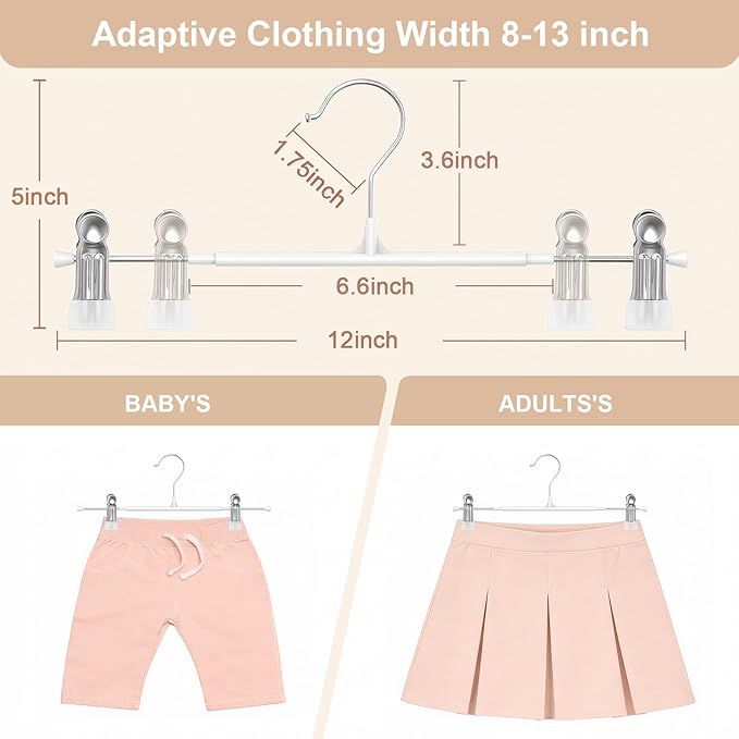 POZEAN Pants Hangers with Clips for Women 30 Pack, 12Inch Adjustable Heavy Duty Skirt Hangers, Space Saving Non-Slip Shorts Jeans Trousers Clothes Hangers, White