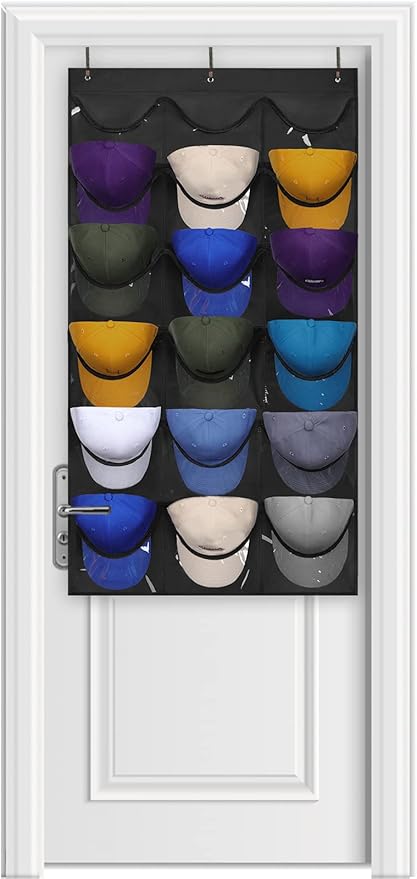 Dofilachy Hat Rack - Hat Organizer - Hat Racks for Baseball Caps, Visible Hat Holder - Baseball Hat Rack for Wall Door with 3 Hooks, 18 Deep Pockets(Black, medium)