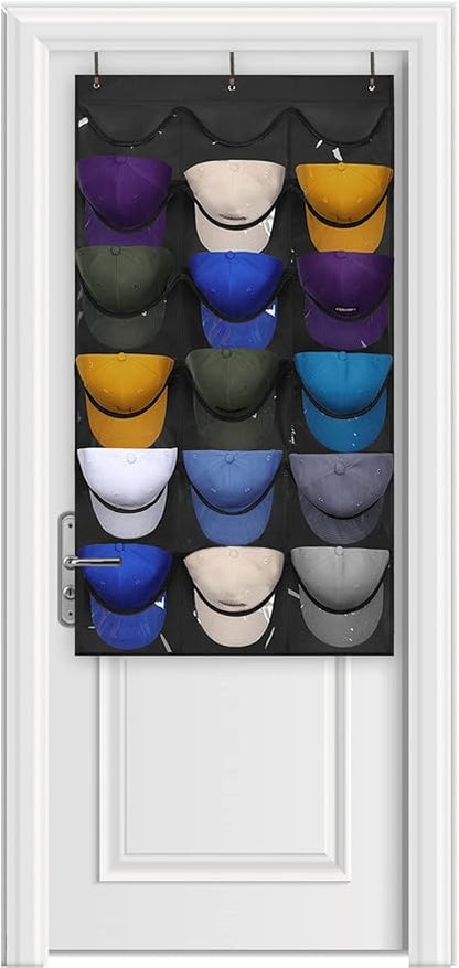 Dofilachy Hat Rack - Hat Organizer - Hat Racks for Baseball Caps, Visible Hat Holder - Baseball Hat Rack for Wall Door with 3 Hooks, 18 Deep Pockets(Black, medium)