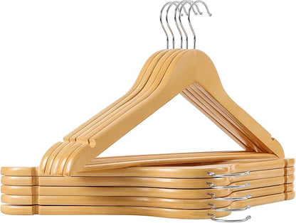 Wooden Coat Hangers 20 Pack,Nature Color with Shoulder Notches Suitable for Slip Dresses,Shirts, Blouses,Coats,360° Rotating Silver Hook Solid Wood Hanger