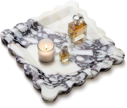 SAMAH Calacatta Viola Natural Marble Tray, Scalloped Storage Dish, Decorative Tray for Bathroom, Vanity, Kitchen & Home Decor, Valentine's Day, Teacher Appreciation Gifts, House Warming Gifts(Square)