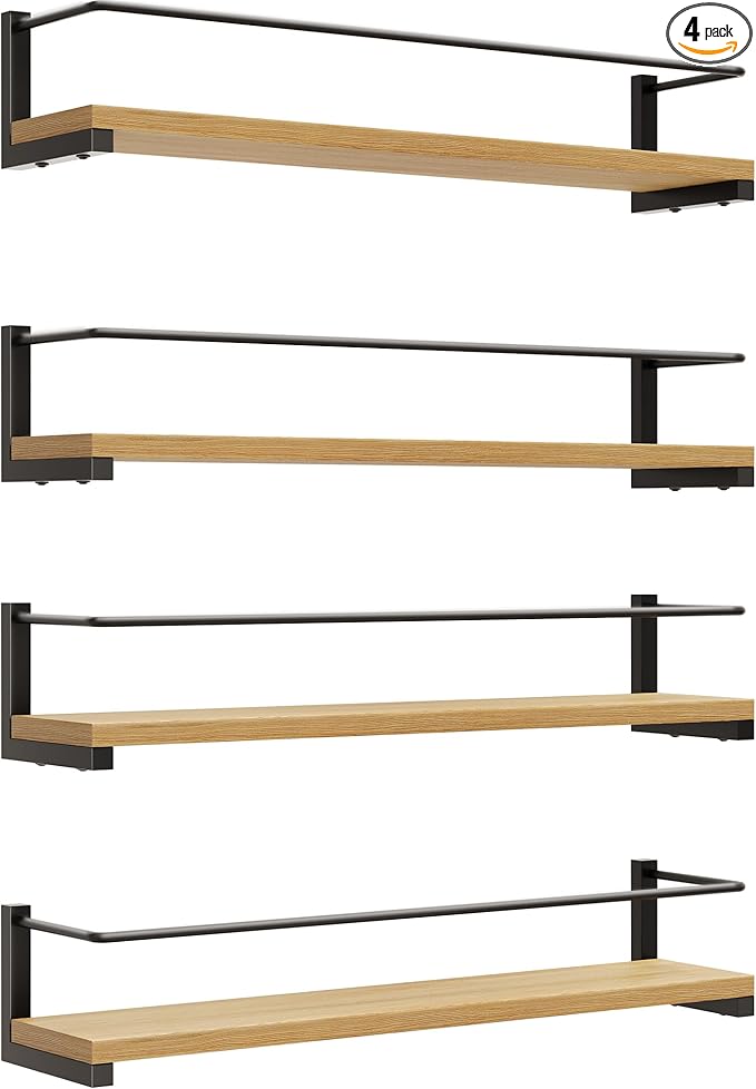 OROPY Spice Rack Wall Mounted, Rustic Wood Hanging Rack for Over The Stove, Kitchen Wall, 4 Pack