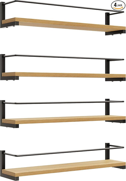 OROPY Spice Rack Wall Mounted, Rustic Wood Hanging Rack for Over The Stove, Kitchen Wall, 4 Pack