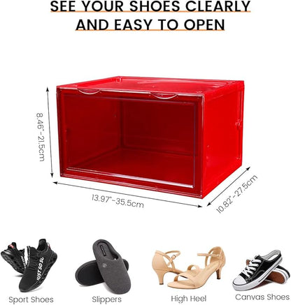 Shoe Boxes Clear Plastic Stackable, Harder Shoe Storage Boxes with Lids, Powerful Load-Bearing, Space Saving and Easy Assembly for Kids Men Women (Red)