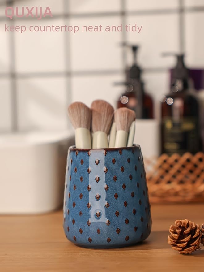 Ceramic Makeup Brush Holders, Farmhouse Bathroom Vanity and Countertop, Brushes Cup for Bathroom Cosmetics, Lipsticks, Vanity Desktop Storage (Vintage Blue)
