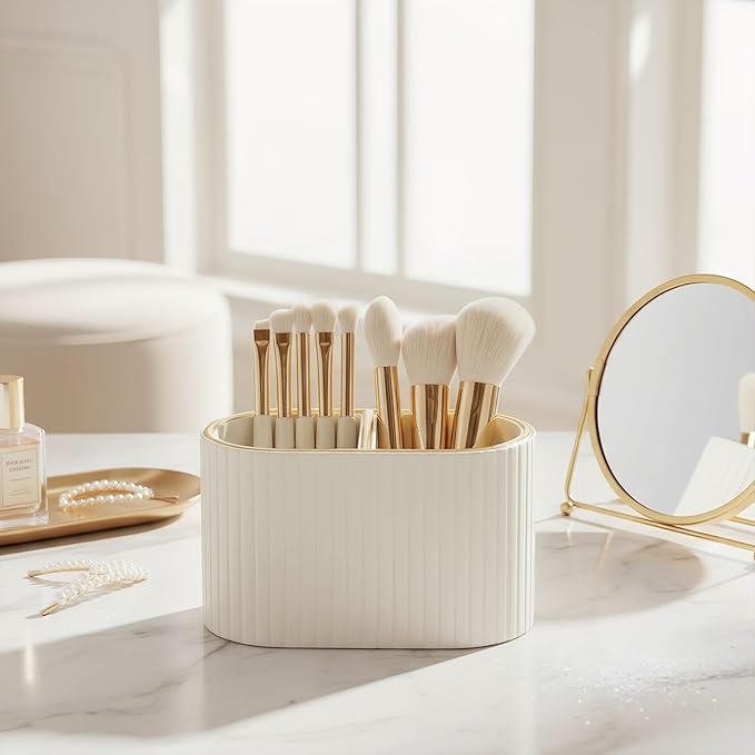 KINGFOM Makeup Brush Holder Organizer with Divider, PU Leather Vanity Brush Holder for Bathroom Countertop & Dressing Table, Cosmetic Desktop Storage Caddy for Makeup Tools Oval (Light Beige)