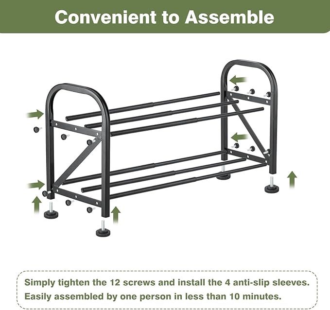 2-Tier Shoe Rack for Closet, 16"-32" Expandable ShoeRack, Adjustable for Entryway Closet Doorway SturdyMetal, Black