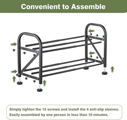 2-Tier Shoe Rack for Closet, 16"-32" Expandable ShoeRack, Adjustable for Entryway Closet Doorway SturdyMetal, Black