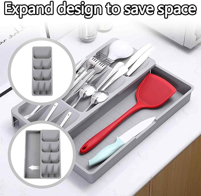Expandable Kitchen Drawer Organizer Tray, 15.9×10.3×2.2in,Adjustable Silverware Storage for Spoons,Forks,Knives, Compact Cutlery Holder Saves Space(Grey)