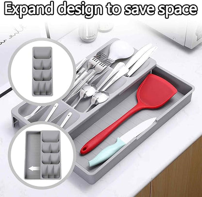 Expandable Kitchen Drawer Organizer Tray, 15.9×10.3×2.2in,Adjustable Silverware Storage for Spoons,Forks,Knives, Compact Cutlery Holder Saves Space(Grey)