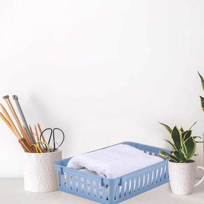 Wenqik 24 Pcs Plastic Storage Baskets for Classroom Organizing Small Pantry Storage Bins Rectangular Tray for Back to School Household Toys Classroom Bedrooms, Kitchens Countertops(Haze Blue)