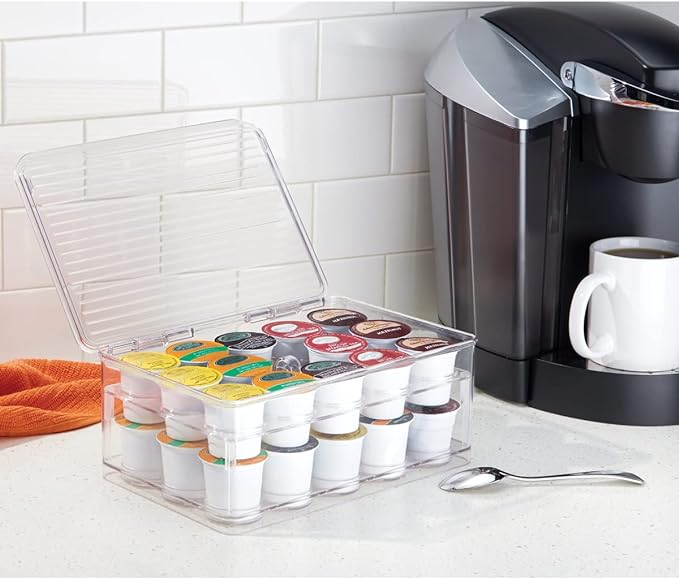 iDesign 2-Tier Coffee Pod Holder Lidded Bin, Plastic Pantry and Kitchen Storage, The Linus Collection – 7.25" x 10.75" x 4.25", Clear