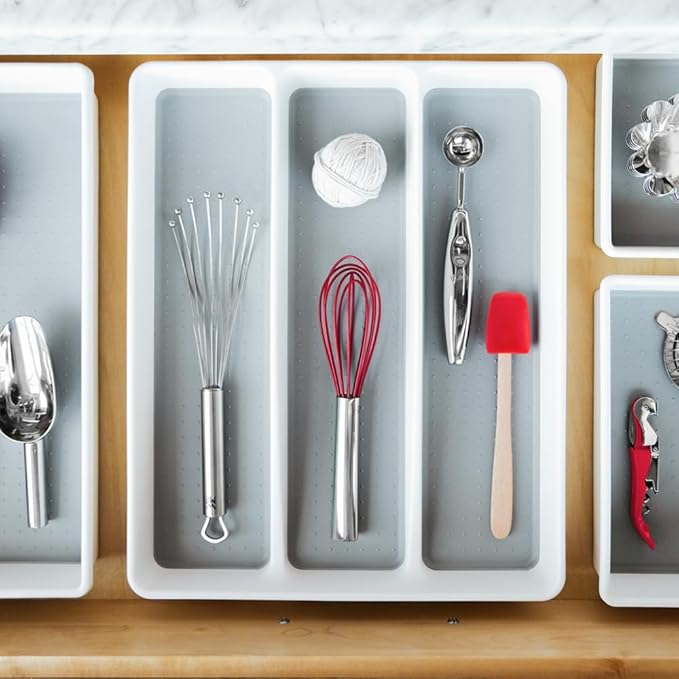 madesmart 3 Compartment Utensil Tray, Multi Purpose Storage Organizer, Non Slip Lining,Deep Storage for Ladles, Whisks & Serving Tools, for Drawers & Home Organization, White (Pack of 3)