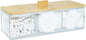 Acrylic Qtip Dispenser with Wood Lid - 3 Compartment Bathroom Organizer for Q Tip, Cotton Swab and Cotton Pad Holder, Vanity Storage Organization for Countertop and Drawer