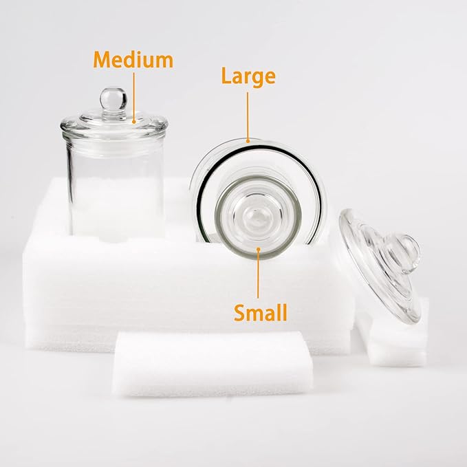 Mini Glass Apothecary Jars, Bathroom Storage Organizer Canisters for Cotton Swabs, Cotton Balls, Makeup Sponges, Bath Salts, Hair Ties, Makeup - Set of 3