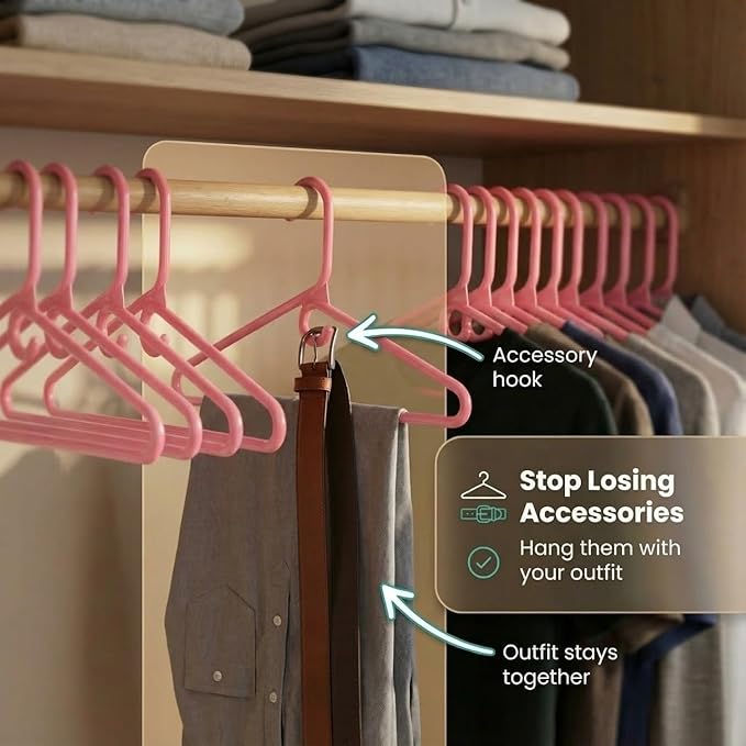 DEILSY™ Pink Heavy Duty Hangers with Hooks for Scarves & Belts – Thick and Strong Clothes Hangers for Shirts, Jackets, Pants, and Dresses – Space-Saving Plastic Hangers – Pack of 50