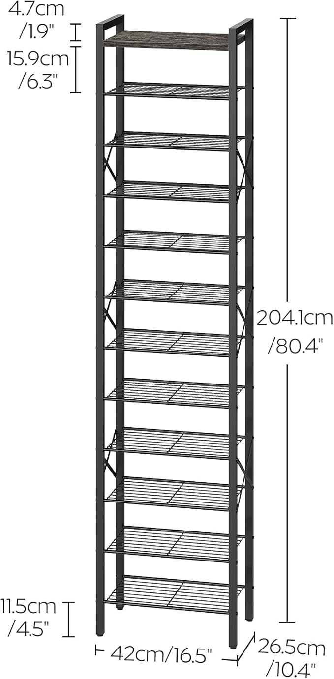 YATINEY 12-Tier Narrow Shoe Rack, Tall Shoe Rack for 12-24 Pairs, Slim Shoe Storage Organizer with Wooden Top, Space Saving, Metal Frame, for Entryway, Charcoal and Black SS61BC