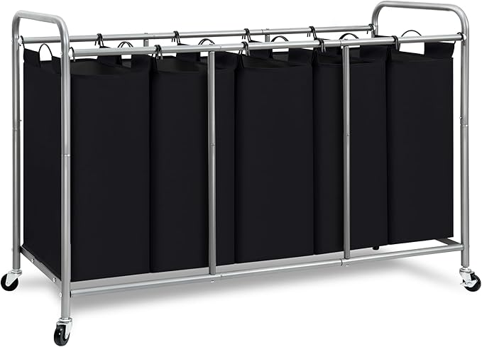 STORAGE MANIAC 5 Section Laundry Sorter, 5 Bins Rolling Separator Laundry Basket, Dirty Clothes Hamper Divider with Heavy Duty Rolling Lockable Wheels, Large Clothes Organizer Cart, Black