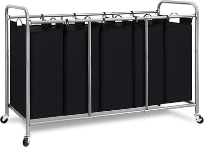 STORAGE MANIAC 5 Section Laundry Sorter, 5 Bins Rolling Separator Laundry Basket, Dirty Clothes Hamper Divider with Heavy Duty Rolling Lockable Wheels, Large Clothes Organizer Cart, Black