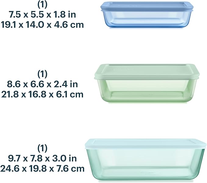 Pyrex Colors (3-Pack, Large) Tinted Glass Rectangle Food Storage Container Set, Snug Fit Non-Toxic Plastic BPA-Free Lids, Freezer Dishwasher Microwave Safe, 3 Cup, 6 Cup & 11 Cup