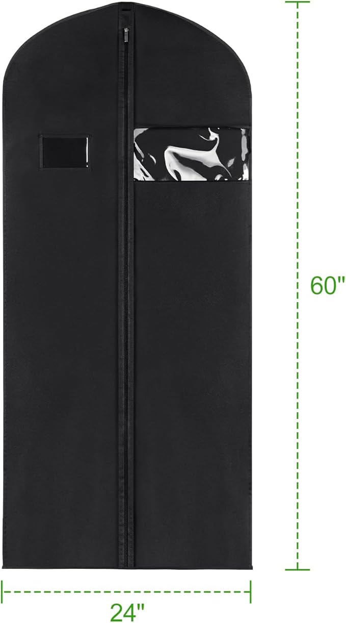 KEEGH 60'' Dress Bags for Gowns Long (Set of 10), Garment Bags for Hanging Clothes, Dress Bags for Closet Storage, Clothes Cover for Hanging Coats Dresses with Clear Window and Label Pocket, Black