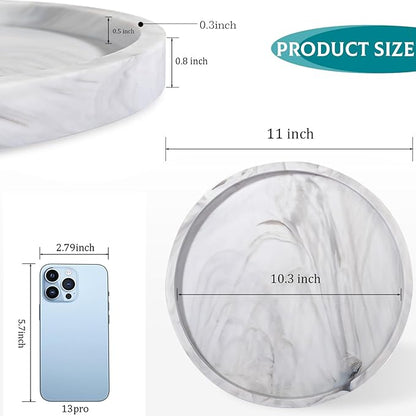 Silicone Bathroom Tray Round Vanity Tray Decorative Soap Holder Kitchen Countertop Organizer Coffee Table Decor for Candle, Perfume, Plant, 11 Inch, Marble Grey