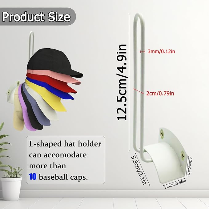 2 Pack White Iron Hat Hooks for Wall, Vintage Style Adhesive Hat Rack, Anti-Rust Coated Cap Organizer for Baseball Hats, Decorative Storage for Farmhouse, Bedroom, Closet & Entryway