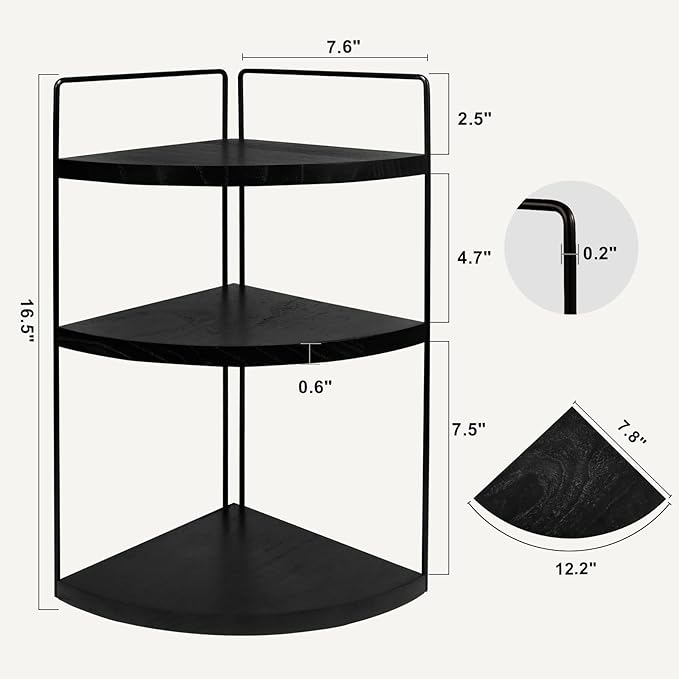 Corner Bathroom Counter Organizer Countertop Black, 2 Pack 3 Tier Corner Shelf Wood Vanity Tray Easy Assembly Space Saving Shelf for Kitchen, Bathroom, Dresser, Makeup, Office