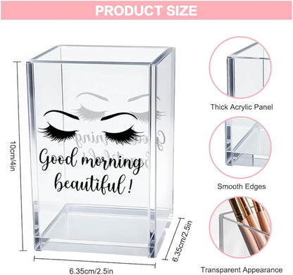 Good Morning Beautiful Acrylic Makeup Brush Organizer Holder, Positive Affirmation Desk Acrylic Brushes Storage, Make Up Artist Gifts, Morning Affirmation Gifts for Women Wife Mom Makeup Lover