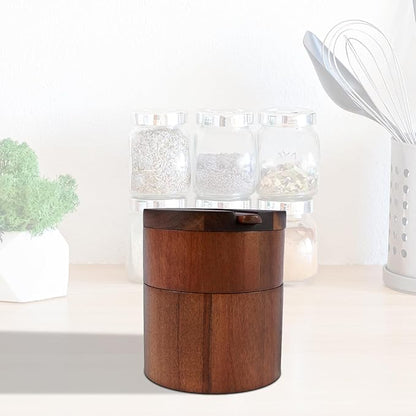 Acacia Wood Salt and Pepper Bowl, Double Layer Salt Cellar Box, Pepper Storage Box, Magnetic Rotatable Seasoning Container with Built in Spoon for Seasonings Spices