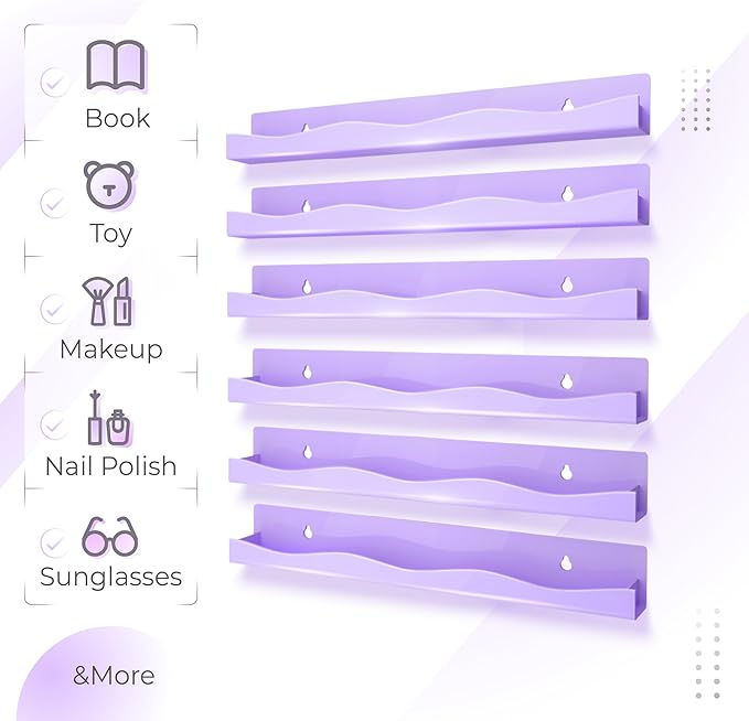 6 Pack Nail Polish Wall Mounted Shelf,15 Inch Nail Polish Floating Shelves for 66-90 Bottles Multi-Purpose,Ideal Gift, Great Display for Salons Retailers,Purple