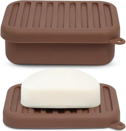 Superior Leak-Proof Silicone Travel Soap Case with Drainage Lid/Layer, Compact Bar Soap Container, Durable Soap Holder for Camping, Gym, and Travel Size Toiletries (Mocha-Mousse)