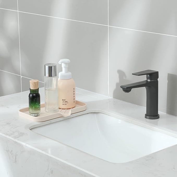 MicoYang Silicone Bathroom Soap Dishes with Drain Spout-Bathroom and Kitchen Sink Organizer,Sponge Holder,Dish Soap Tray,Perfect for Dispenser,Scrubber,Bottle,Cup on Sink or Counter-Tapioca 9.6"×5.3"