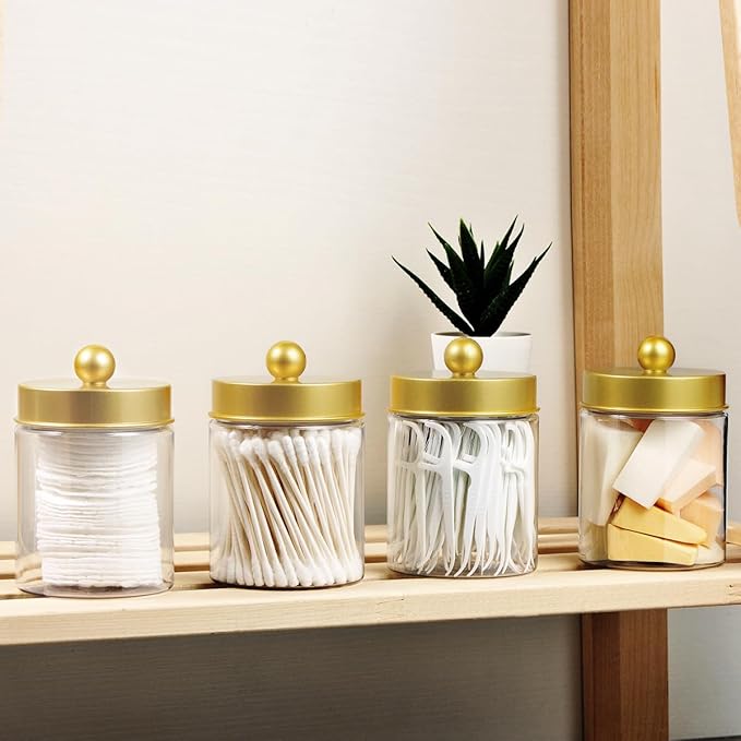 Amolliar Qtip Holder Dispenser - 8 oz Plastic Apothecary Jar Containers for Vanity Makeup Countertop Organizer Storage -Bathroom Canister Accessories Set for Cotton Swab, Ball, Pads, Floss-Gold (6)