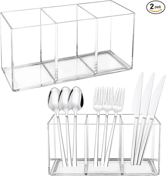 Rainmae 2Pack Acrylic Cutlery Storage Organizer, Plastic Cutlery Utensil Holder Storage Organizer Caddy for Kitchen Countertop Organization - Holds Fork, Knife, Spoon, Silverware Tableware Storage Box