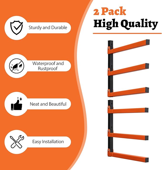 HOME RIGHT 2 Pack Lumber Rack,Wood Organizer and Lumber Storage Rack Wall Mount with 3-Level,Orange Heavy Duty Metal Wood Storage Racks for Indoor and Outdoor
