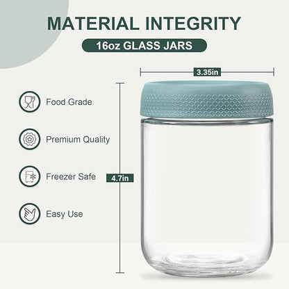 NETANY 12-pack 16oz Glass jars with Airtight Lids, Overnight Oats Containers with Lids, Wide mouth Mason Salad jars, Glass Food Storage Containers for Snacks Yogurt Spice Sugar